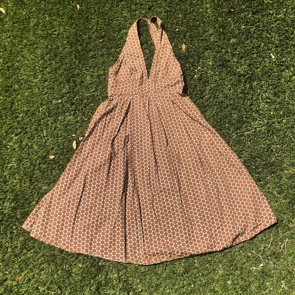 J Crew polka dot halter dress in brown and white